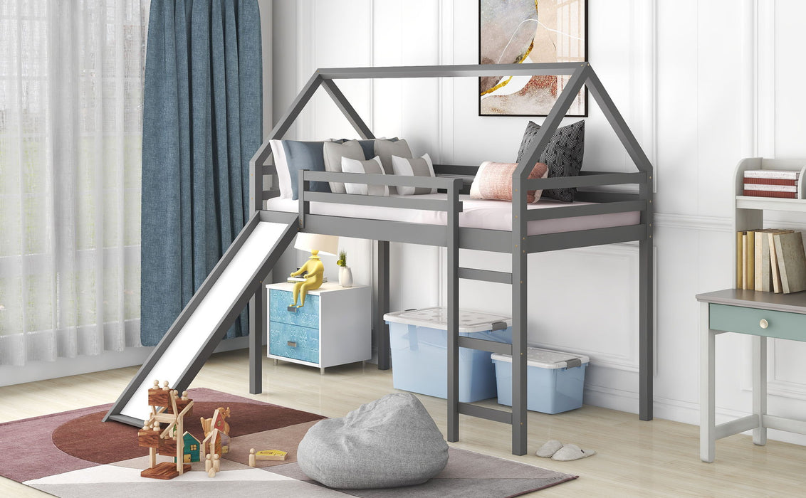 Twin Size House Loft Bed With Slide - Gray