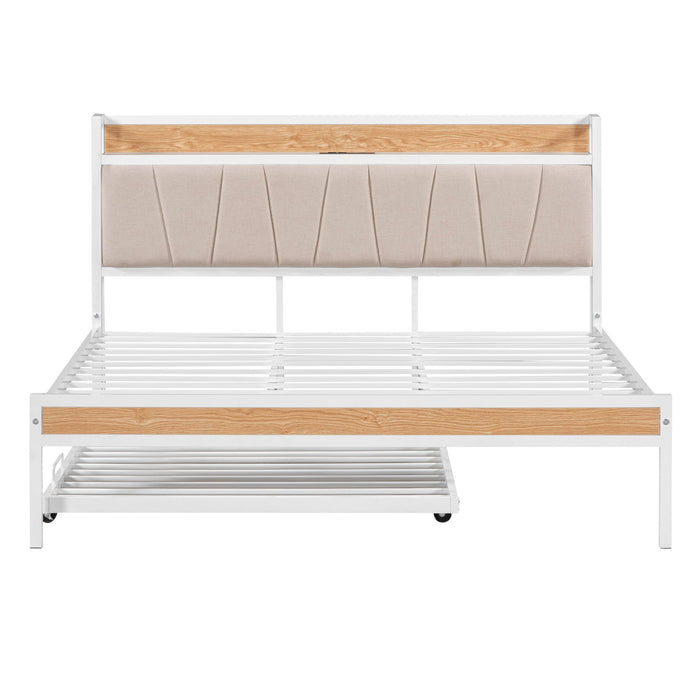 Platform Bed Frame With Trundle, USB Ports And Slat Support, No Box Spring Needed