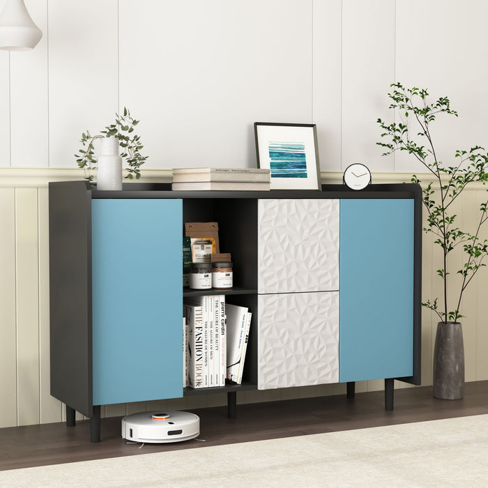 Modern Sideboard Buffet Cabinet With Red Doors And Unique Panel Styling
