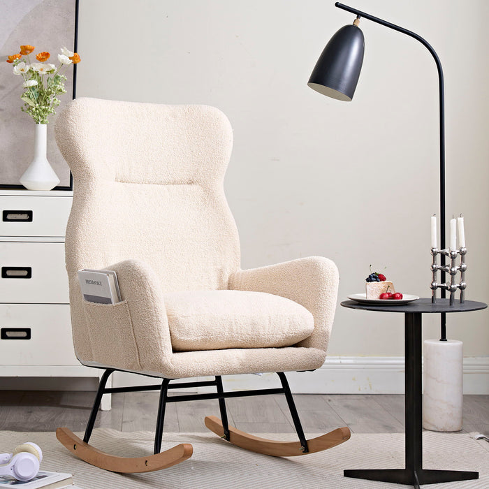 Modern Teddy Fabric Rocking Chair With High Backrest And Armrests Lounge Accent Chair For Living Room - Beige