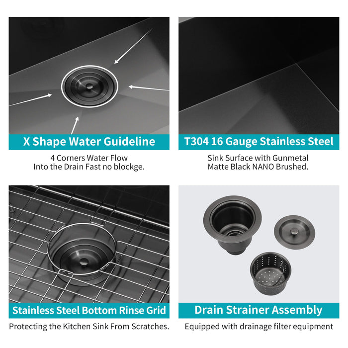 Modern Undermount Stainless Steel Kitchen Sink 16 Gauge, Deep Single Bowl