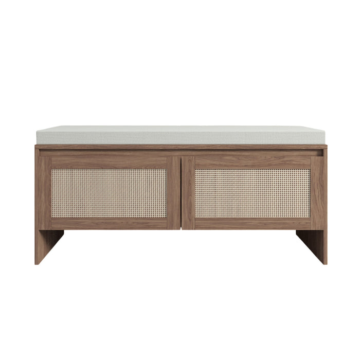 Storage Bench With Cushion, Shoe Cabinet With 2 Doors - Antique Natural / Rattan
