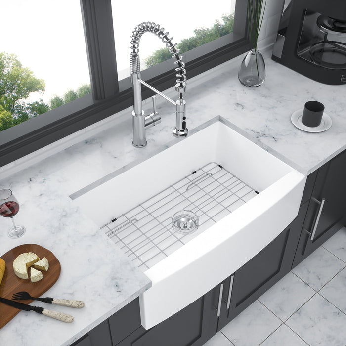 Elegant Farmhouse Sink 33" Ceramic Arch Edge Apron Front Single Bowl - White