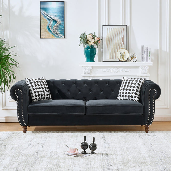 Chesterfield Velvet Upholstery Fabric Sofa With Roll Armrest & Nailhead