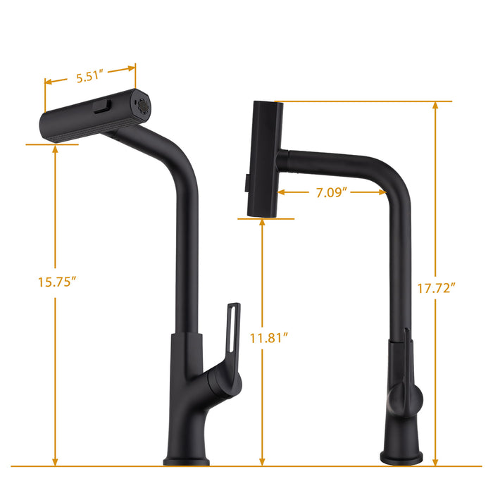 Kitchen Waterfall Faucet With Pull Down Sprayer, Single Handle, 360° Rotating Zinc Alloy