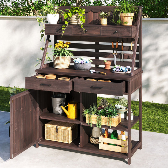 Potting Bench With 5 Drawer Storage And Slatted Back Panel, Garden Workstation - Brown