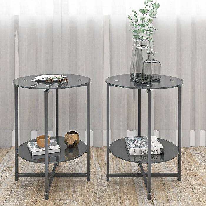JWS Tempered Glass End Table (Set of 2), Round Coffee Table For Bedroom Living Room Office - Black