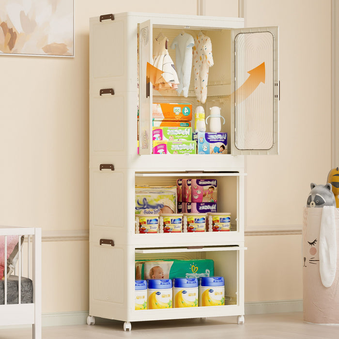 Portable Wardrobe Closet Storage Organizer With Magnetic Doors And Hanging Rod - Cream White
