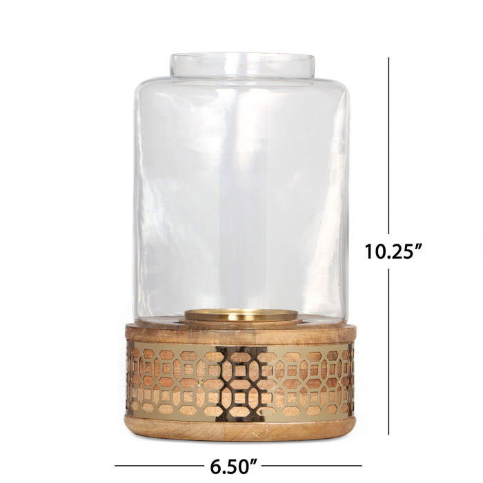 Lippert Boho Handcrafted Mango Wood Hurricane Candle Holder With Tempered Glass And Metal Accents, Large - Natural