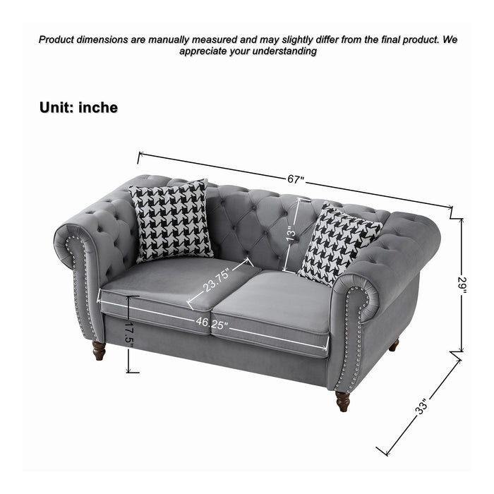 Chesterfield Velvet Upholstery Fabric Loveseat With Roll Armrest And Nailhead
