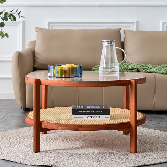 Modern Minimalist Circular Double Layer Solid Wood Coffee Table With Glass Top, Rattan Layer - Walnut