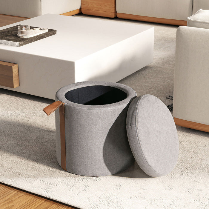 Brandy - Round Upholstered Storage Ottoman With Leather Accent