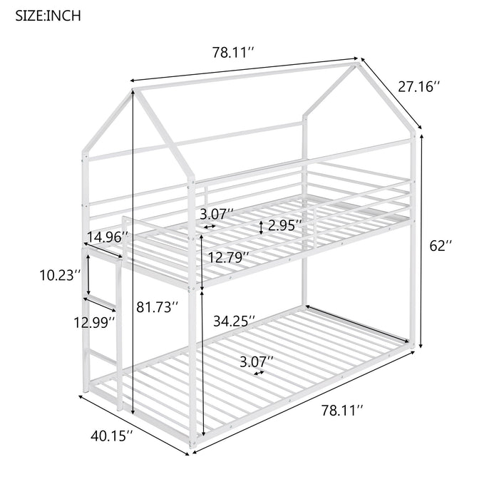 House Bunk Bed Metal Bed Frame Built-In Ladder, No Box Spring Needed