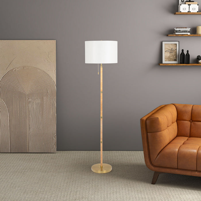 Stellar - Linen Shade Floor Lamp - Gold / Natural Wood / Rattan / White