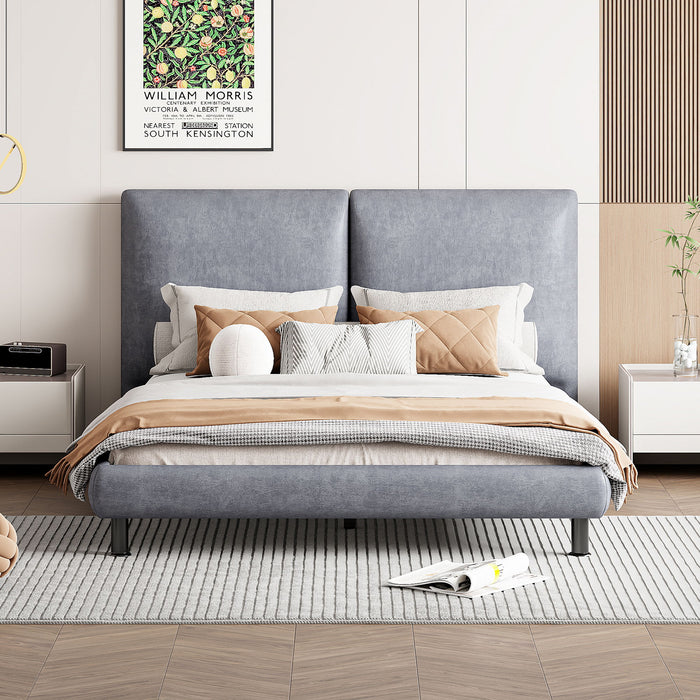 Upholstered Platform Bed With 2 Large Headrests And Thick