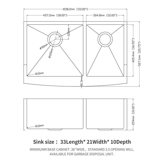 Double Bowl Sink 60 / 40 Split Apron Front Kitchen Sink In 16 Gauge With 2 10" Deep Basins 33" X21" X10" - Brushed Nickel