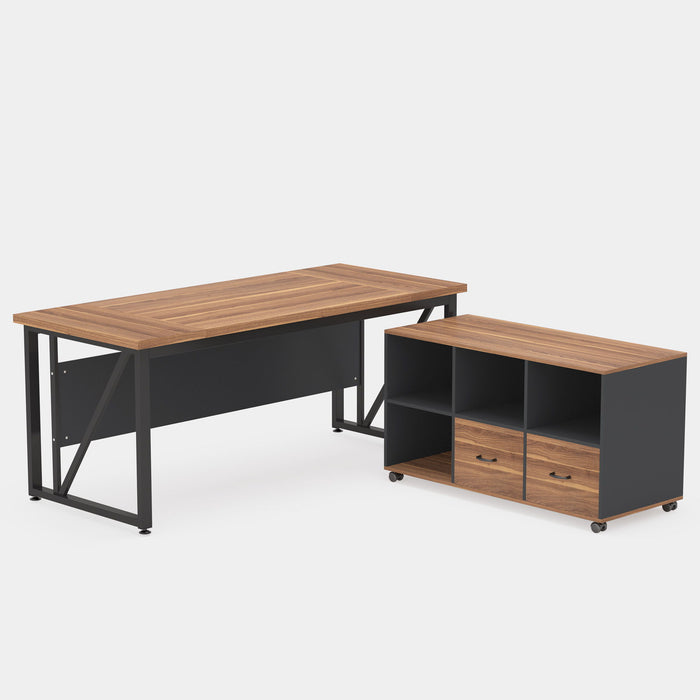 L-Shaped Executive Desk With Mobile File Cabinet, Large Home Office Workstation With Drawers And Shelves - Brown / Black