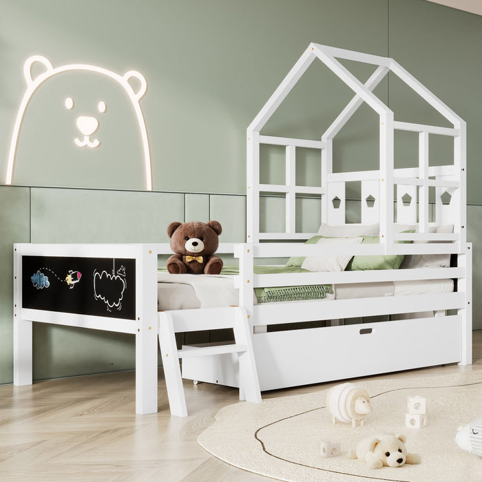 House Bed With Ladder And Storage Drawers Platform With Blackboard, No Box Spring