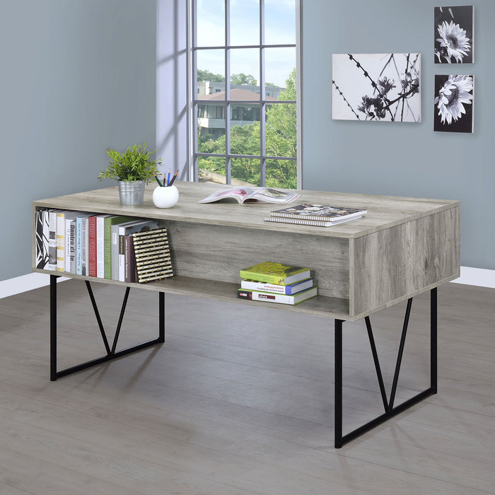 Rustic Industrial Charm Writing Desk With 4 Drawers And Open Shelf