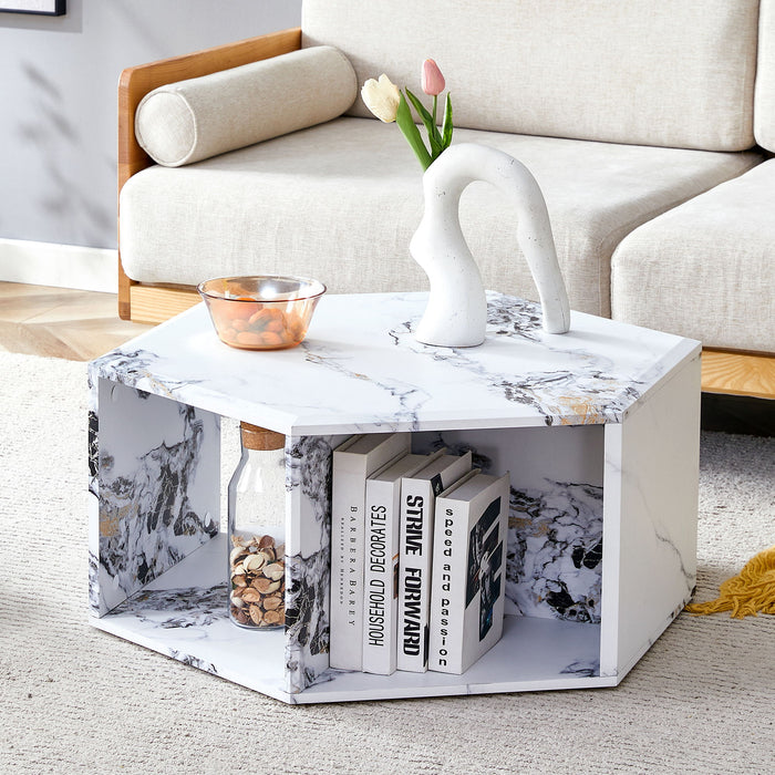 Hexagonal Coffee Table With Characteristic Pattern Stickers And Multi-Hole Design For Extra Storage