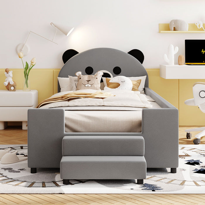 Upholstered Daybed With Bear Shaped Headboard, Hydraulic System And Breathable Mesh Fence