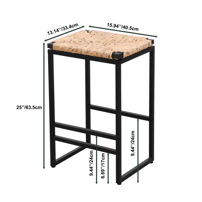 (Set of 2) Backless Water Hyacinth Woven Bar Stools With Footrest, Natural Finish, Metal Frame, 25" Height