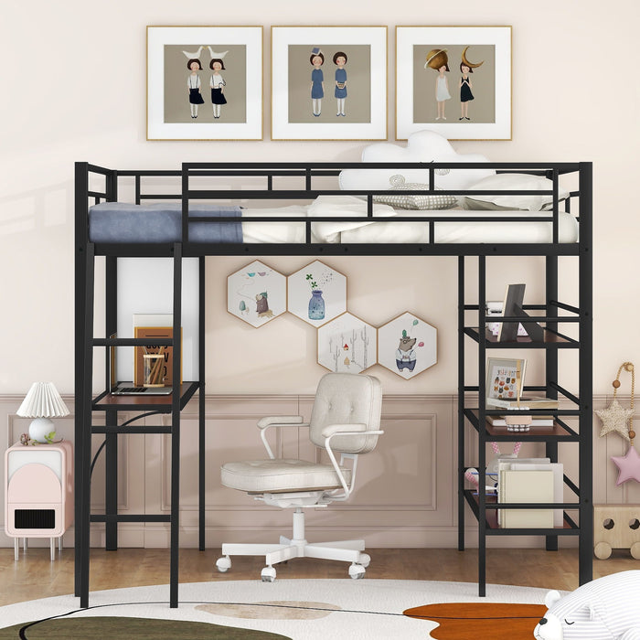 Bed With 3 Layers Of Shelves And Desk, Stylish Frame Bed