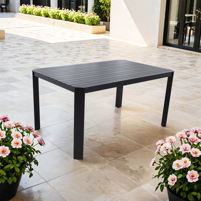 Modern Outdoor Table With Alternating Wide And Narrow Slats, Angled Corners, 2" Big Umbrella Hole, And Adjustable Non Slip Pads - Bourbon Brown