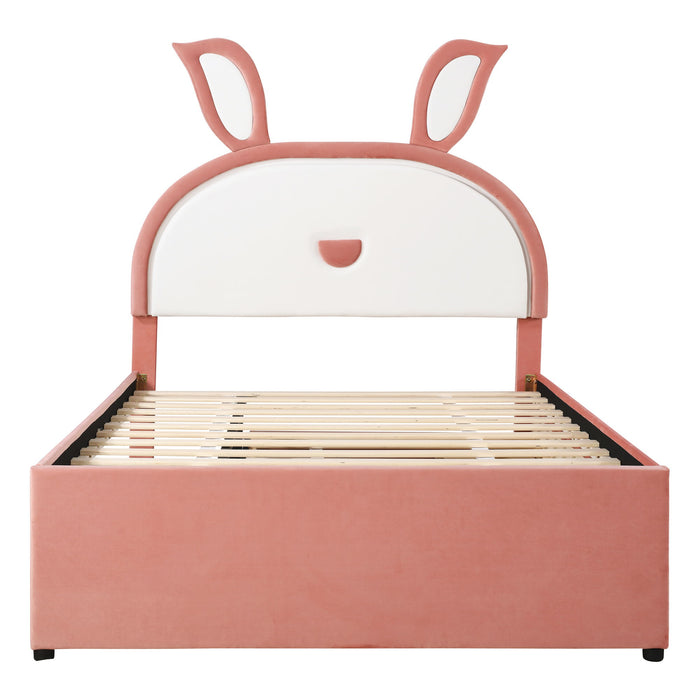 Upholstered Platform Bed With Trundle And 3 Drawers, Rabbit-Shaped Headboard With Embedded LED Lights