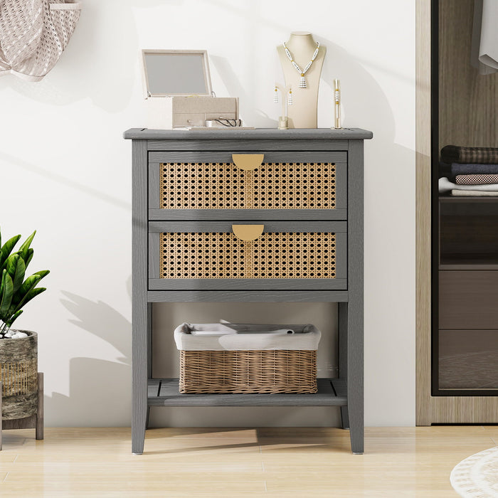 2 Drawer Side Table, Natural Rattan