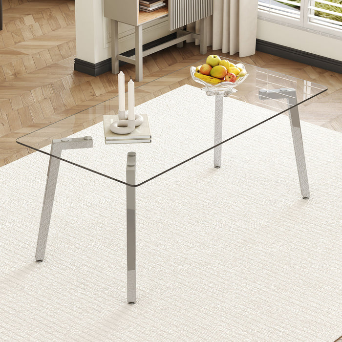 Minimalist Rectangular Dining Table With Transparent Glass Top And Metal Legs