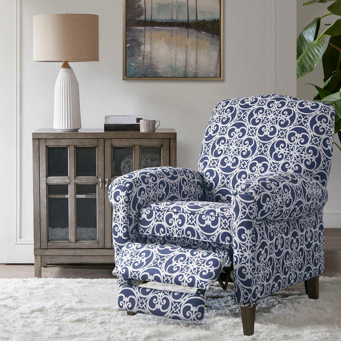 Push Back Recliner Chair With Fretwork Pattern And Solid Wood Legs - Multicolor