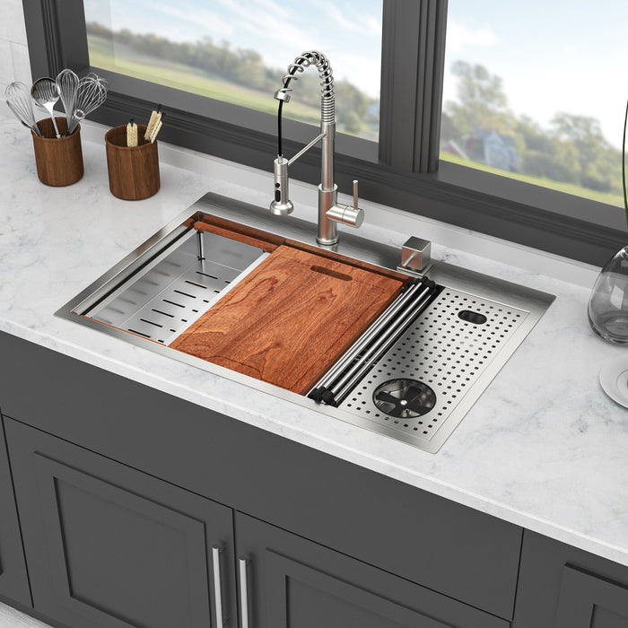 Single Bowl Workstation Kitchen Sink With Cup Washer 16 Gauge Stainless Steel - Black / Gray
