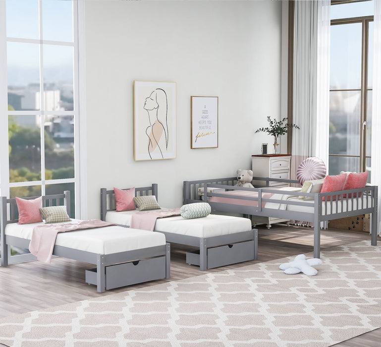 Triple Bunk Bed With Drawers And Guardrails