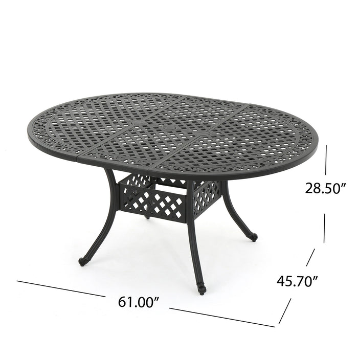 Outdoor Expandable Aluminum Dining Table With Latticework Details And Curvy Legs