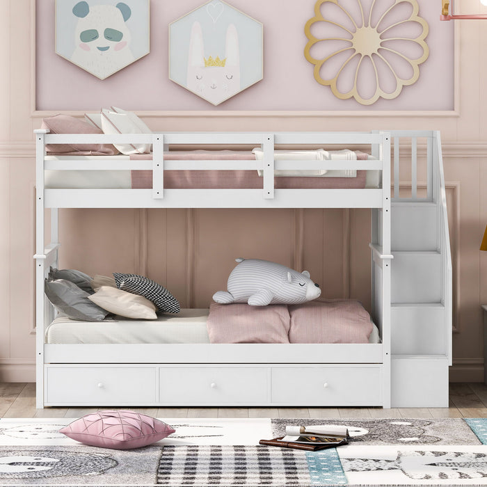 Stairway Bunk Bed With Storage And Guard Rail For Bedroom