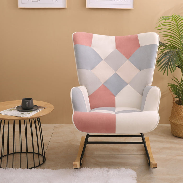 Accent Rocking Chair, Mid-Century Fabric Rocker Chair With Wood Legs And Patchwork Linen For Livingroom Bedroom - Pink
