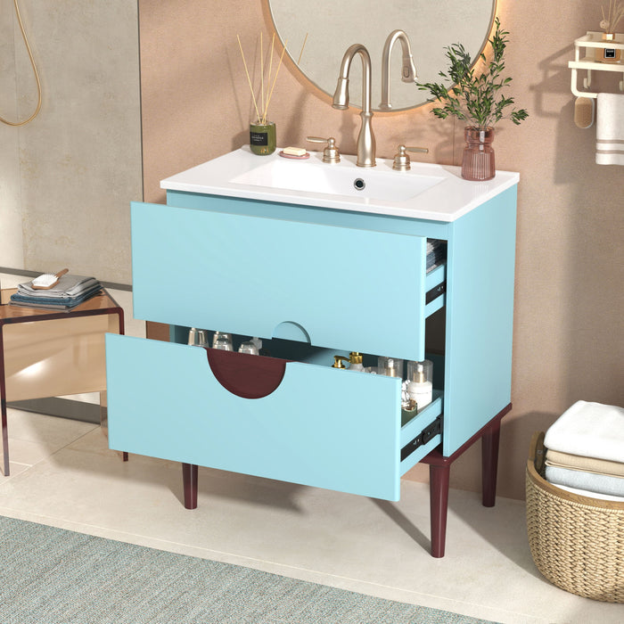 Bathroom Vanity Cabinet With Ceramic Sink Combo Set, Frame Modern Bathroom Storage Cabinet With 2 Drawers - Blue