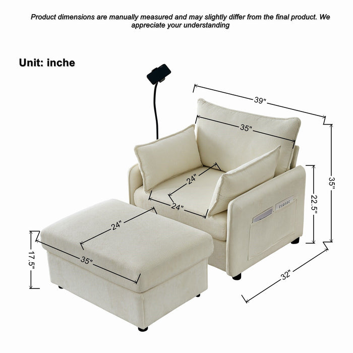 Comfy Corduroy Oversized Chaise Lounge Chair With Ottoman And Storage