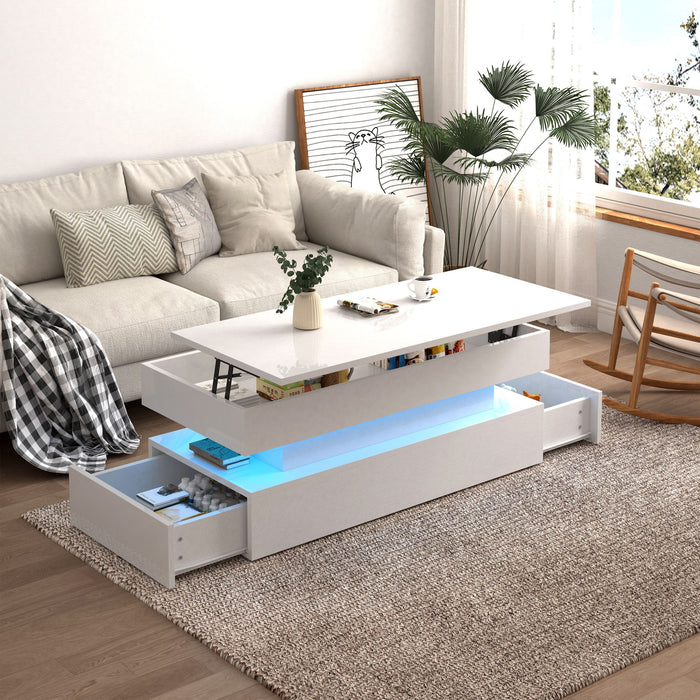 Contemporary Foldable Coffee Table With Drawers And LED, 3 Tier Design