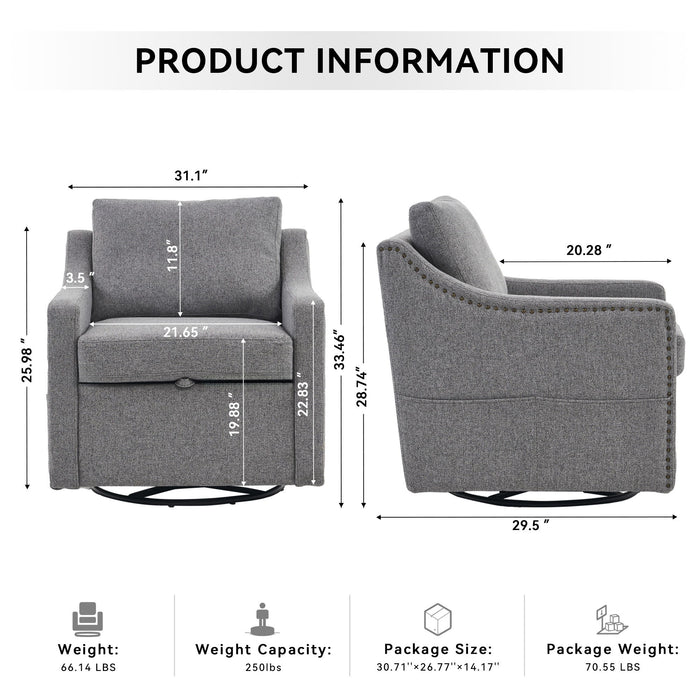 Linen Fabric 360° Swivel Accent Chair With Upholstered Back Pillow And Rivet Armrest