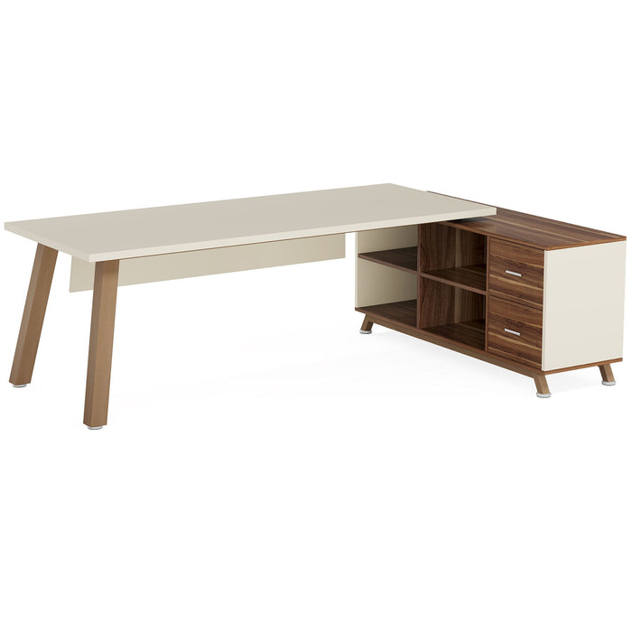 L-Shaped Executive Desk With File Cabinet, Computer Workstation With Drawers And Shelves For Home Office - White / Walnut