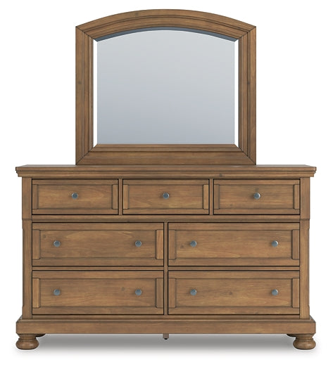 Feddinger Queen Storage Sleigh Bed with Mirrored Dresser, Chest and Nightstand