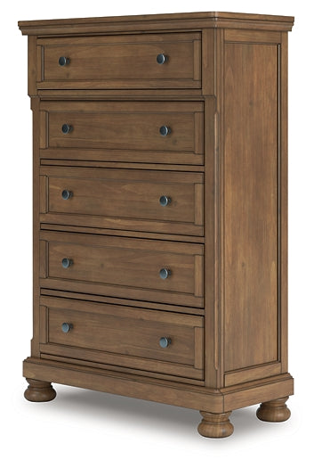 Feddinger Queen Storage Sleigh Bed with Mirrored Dresser, Chest and Nightstand