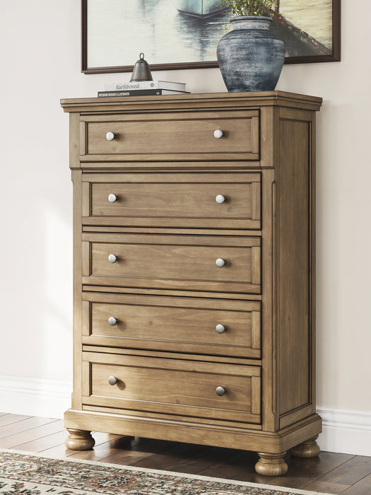 Feddinger Queen Storage Sleigh Bed with Mirrored Dresser, Chest and Nightstand