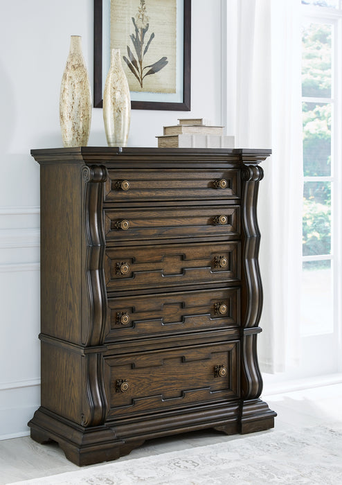 Maylee King Canopy Bed with Mirrored Dresser and Chest