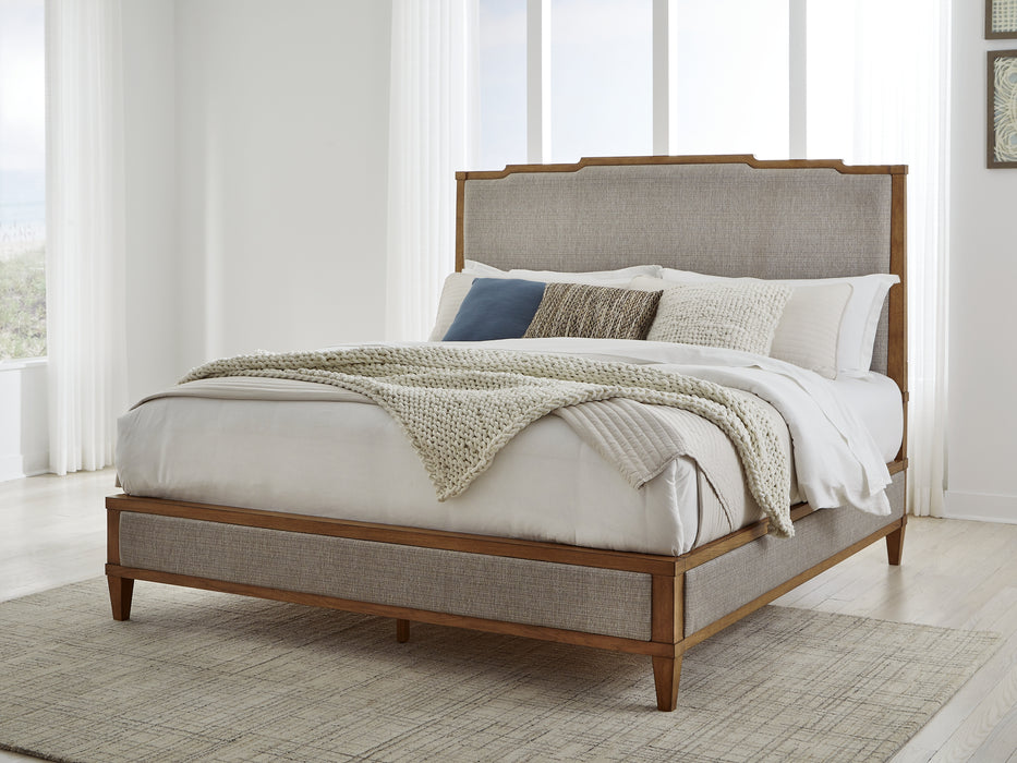 Sharlance Queen Upholstered Panel Bed with Mirrored Dresser and Nightstand