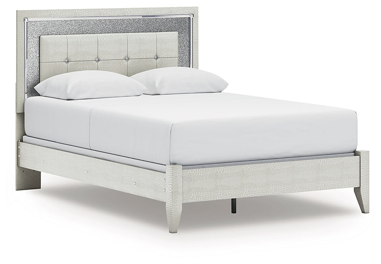 Zyniden Queen Upholstered Panel Bed with Mirrored Dresser and Nightstand