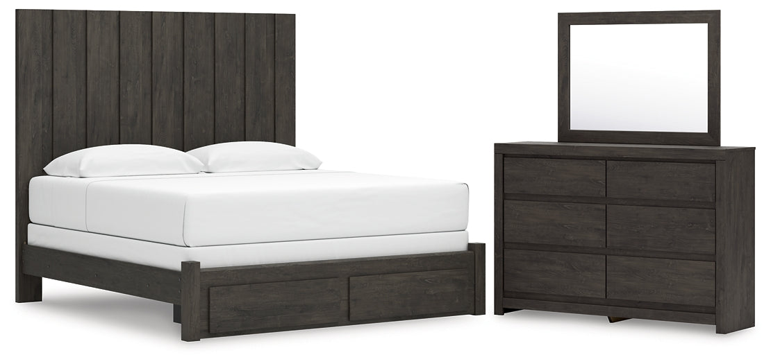 King Panel Storage Bed with Mirrored Dresser