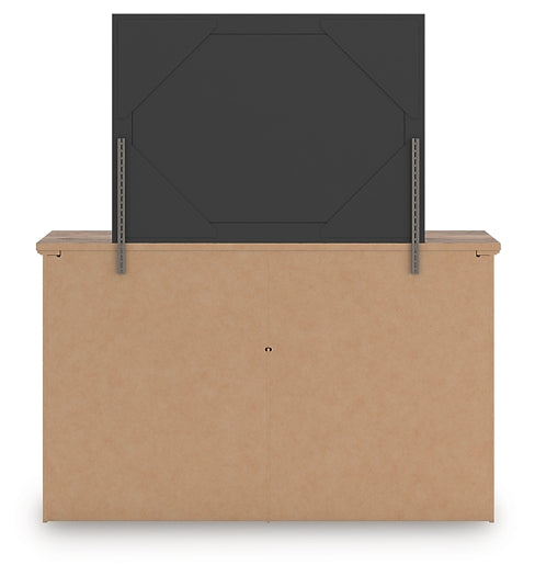 Rusticott Queen Poster Bed with Mirrored Dresser and Nightstand